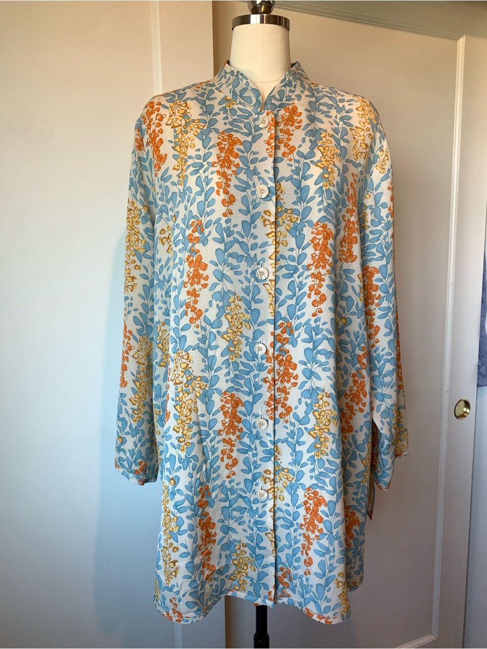 Harari Silk Button-Front Tunic in Light Blue and Orange - Picture 2 of 11